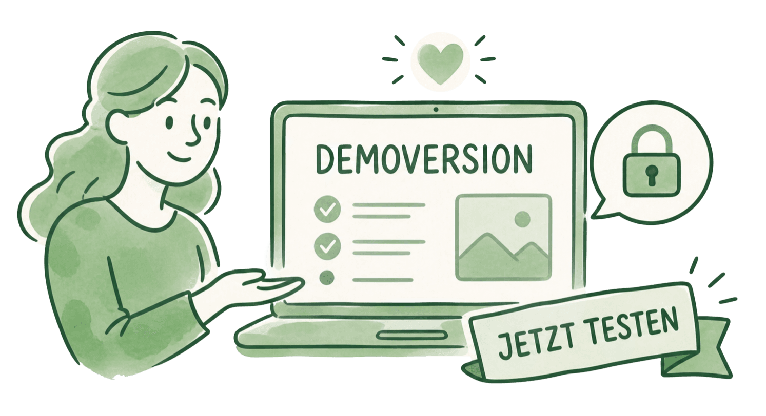 Pflegenda Demoversion auf einem Laptop, Banner Jetzt testen