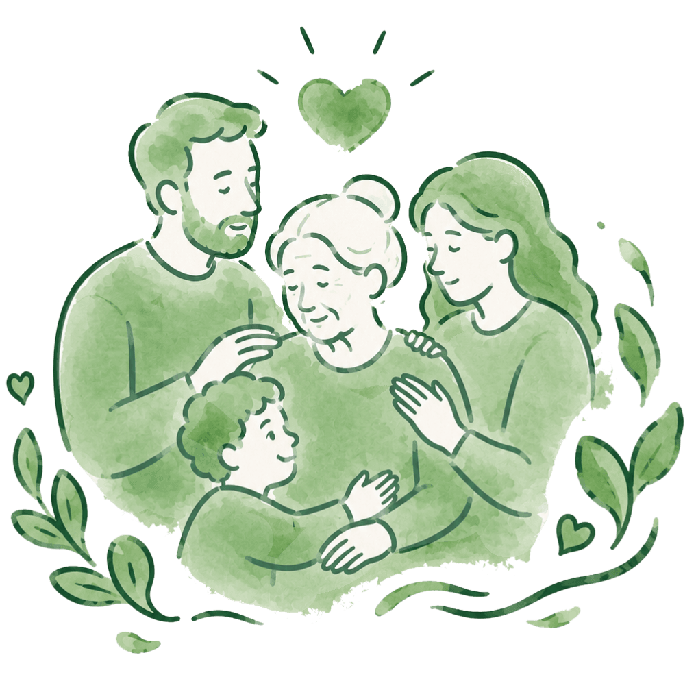 Familie umarmt sich um die Großmutter, mit Herz und Blättern